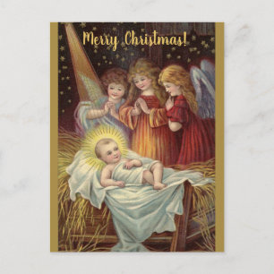 Cartão Postal Natal de Jesus Menino e Anjos Vintage Editável