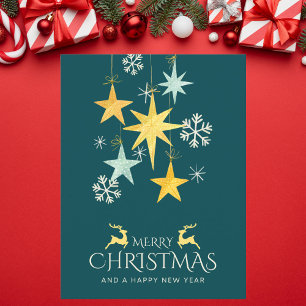 Cartão Postal Natal do Amarelo Festivo e Estrela Verde