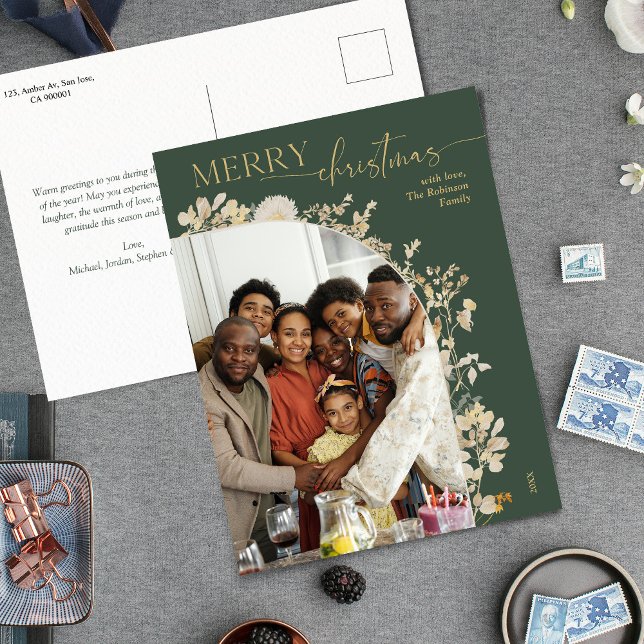 Cartão Postal Natal do Dourado Script Verde da Boêmia (Criador carregado)