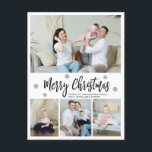 Cartão Postal Natal do Elegant 4 Photo Collage Snowflake<br><div class="desc">Cartão-postal de Natal Feliz, Moderno e Minimalista Preto e Branco 4 Colagem de Fotos Branca. Esta modelo de quatro (4) fotos festivas apresenta uma bonito colagem fotográfica, um floco de neve e diz Feliz Natal! O texto de saudação de "Feliz Natal" é escrito em um belo tipo de letra de...</div>