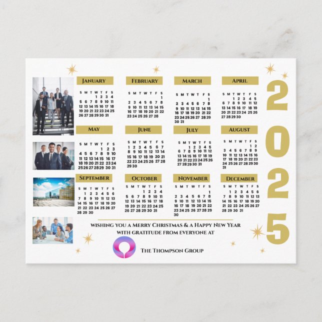 Cartão Postal Natal e Ano Novo do Calendário Corporativo Dourado (Frente)