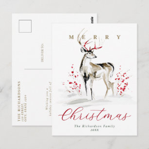 Cartão Postal Natal em Aquarela Rústica com Cervo e Frutas Verme