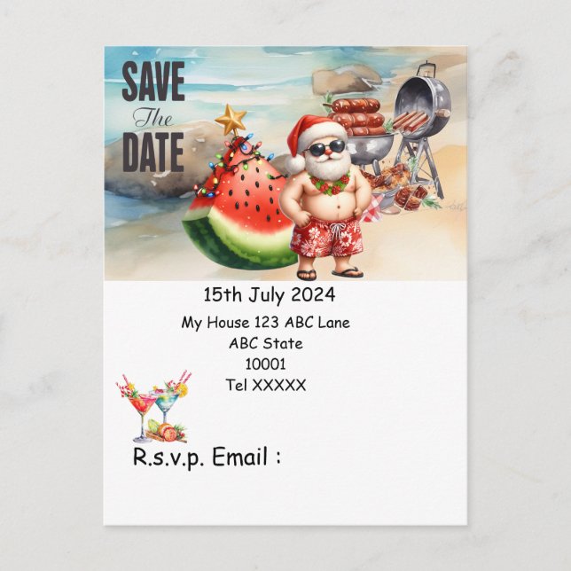 Cartão Postal Natal em julho com SANTA CLAUS Salve a data (Frente)
