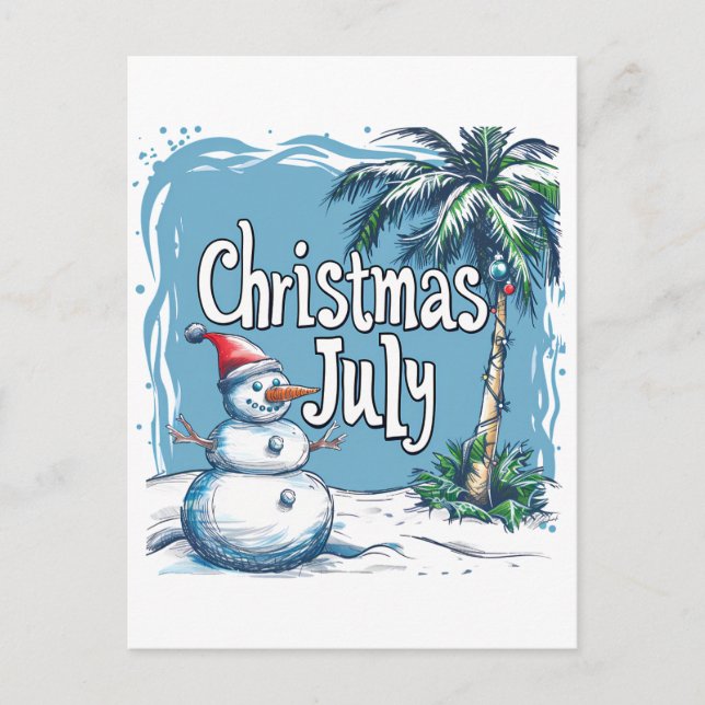 Cartão Postal Natal em julho Design de Snowman & Palm Tree (Frente)