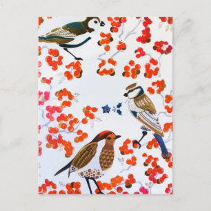 Cartão Postal Natal em Ouro Inverno Pássaros Azevinho Frutas Gal