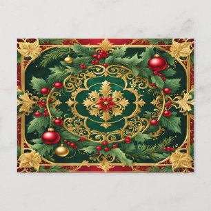Cartão Postal Natal Feriado Decorativo Vermelho Dourado Verde