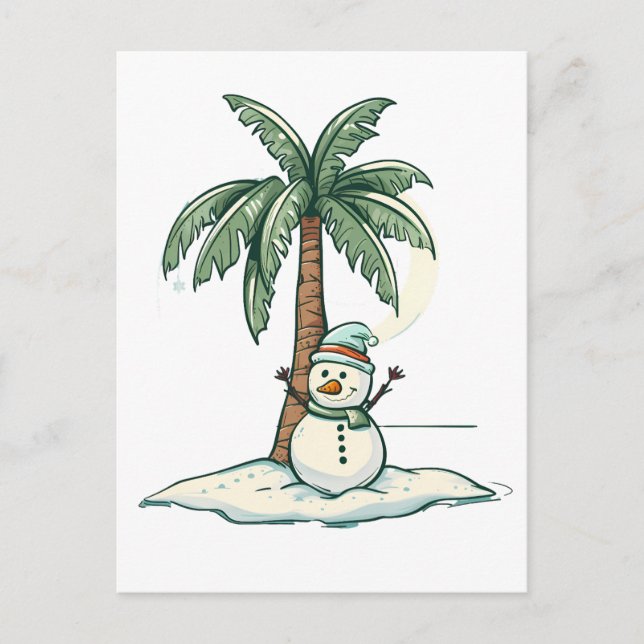 Cartão Postal Natal - Homem de Neve na Praia com Palm Tree (Frente)