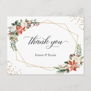 Cartão Postal Natal Ivory Vermelha Poinsettia Floral Agradecimen