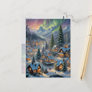 Cartão Postal Natal numa aldeia montanhosa, luzes polares