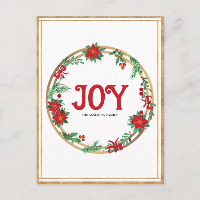 Cartão Postal Natal Poinsettia Wreath Red Ouro Verde (Frente)