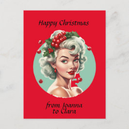 Cartão Postal Natal retrô pin-up girl dos anos 50 - bagas de aze