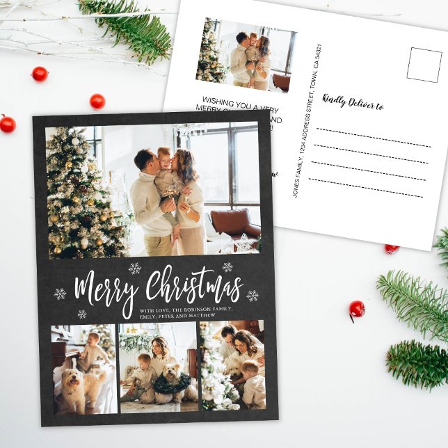 Cartão Postal Natal Rustic Chalkboard 4 Photo Collage (Criador carregado)