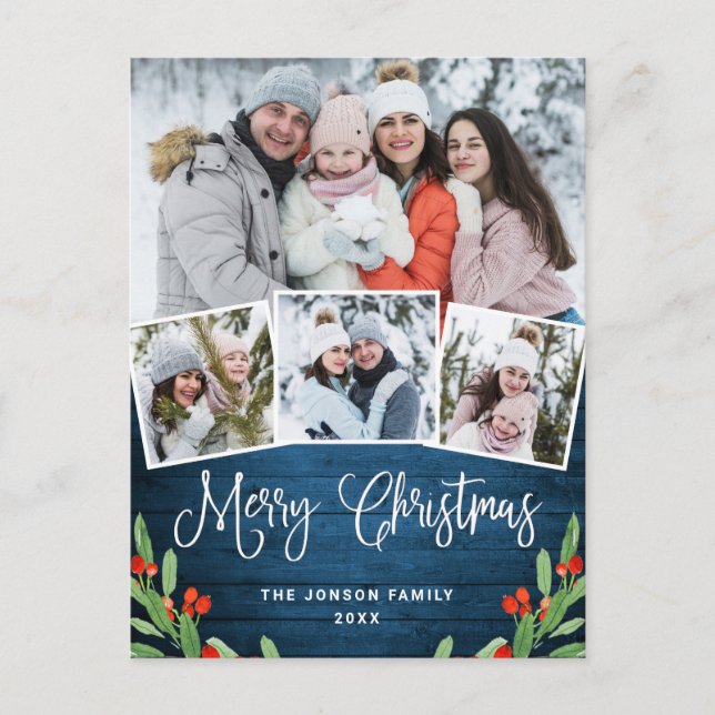 Cartão Postal Natal Rustic Wood 4 PHOTO Saudação Feriado (Frente)