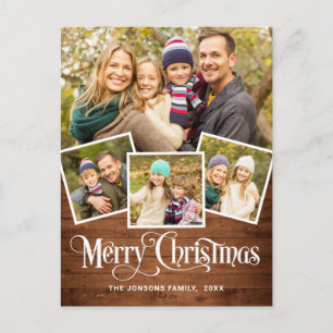 Cartão Postal Natal Rustic Wood 4 PHOTO Saudação Feriado