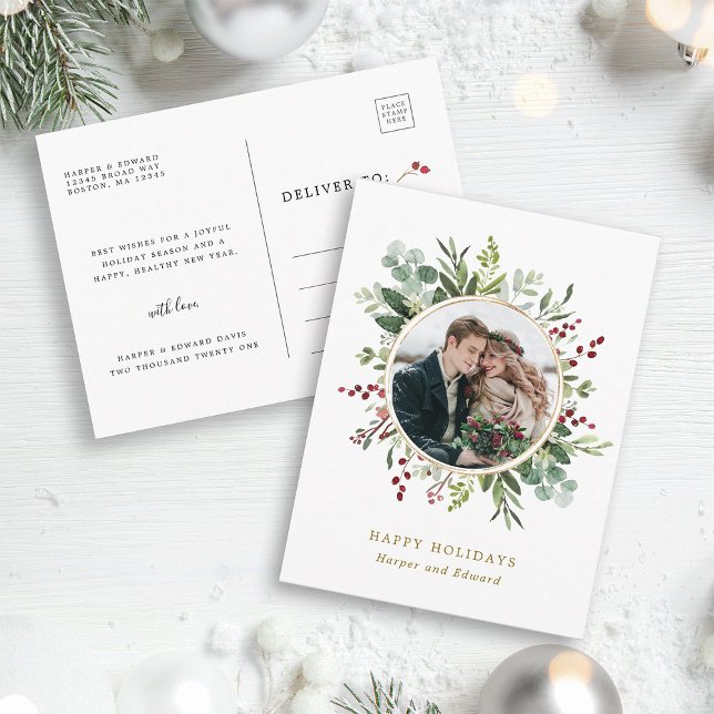 Cartão Postal Natal Verde Botânico Dourado Foto Feriado (Front & Back)