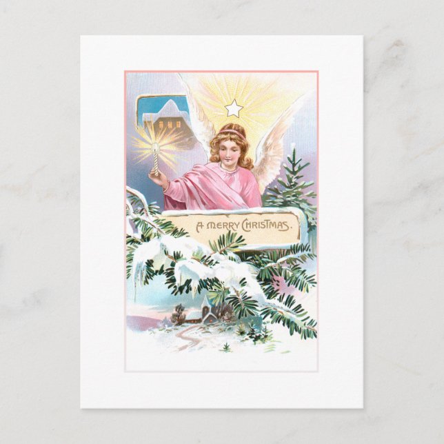 Cartão Postal Natal vintage Angel, Star & Snow Covered (Frente)