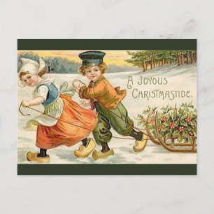 Cartão Postal Natal Vintage Menino e Menina Holandeses Com Trenó