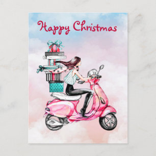 Cartão Postal Natal vintage mulher num patinete rosa