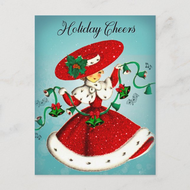 Cartão Postal Natal vintage verde sinos vermelhos (Frente)