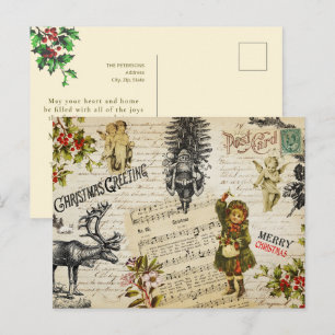 Cartão Postal Natal Vitoriano Vintage Menina Azevinho Mensagem