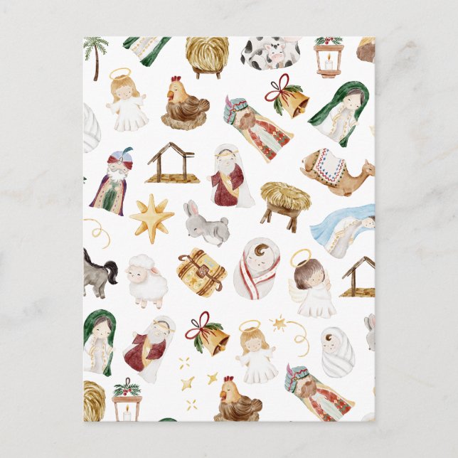 Cartão Postal Natividade Natal Cristã de Aquarela (Frente)