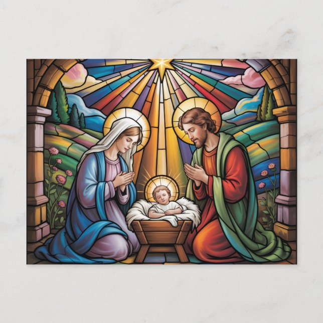 Cartão Postal Nativity Stained Glass Art – Holy Family Christmas (Frente)