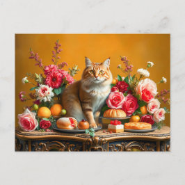 Cartão Postal Nature-Morta Clássica com Gato e Abundância da Nat