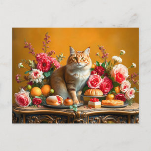 Cartão Postal Nature-Morta Clássica com Gato e Abundância da Nat