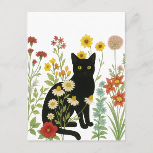Cartão Postal Natureza Botânica – Gato Preto no Jardim de Flores