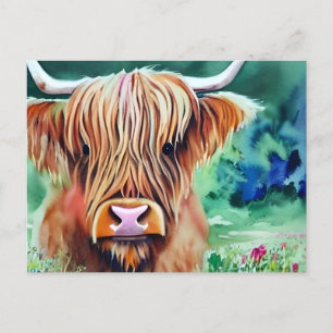 Cartão Postal Natureza Highland Cow Watercolor