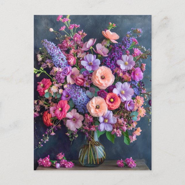 Cartão Postal Natureza Morta com Delphiniums e Ranunculus (Frente)