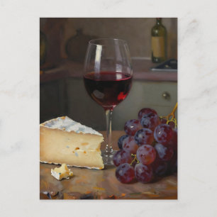 Cartão Postal Natureza-Morta Realista com Vinho Tinto e Queijo c