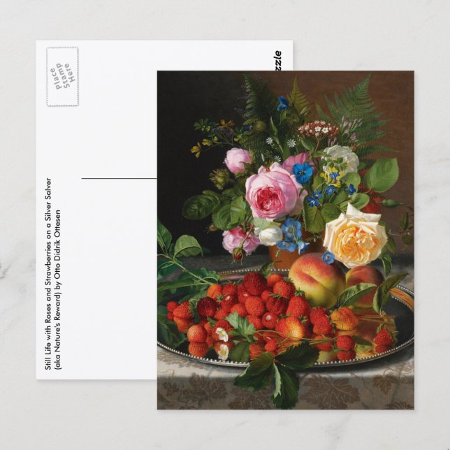 Cartão Postal Natureza Morta Rosas e Morangos por Otto Ottesen (Frente/Verso)