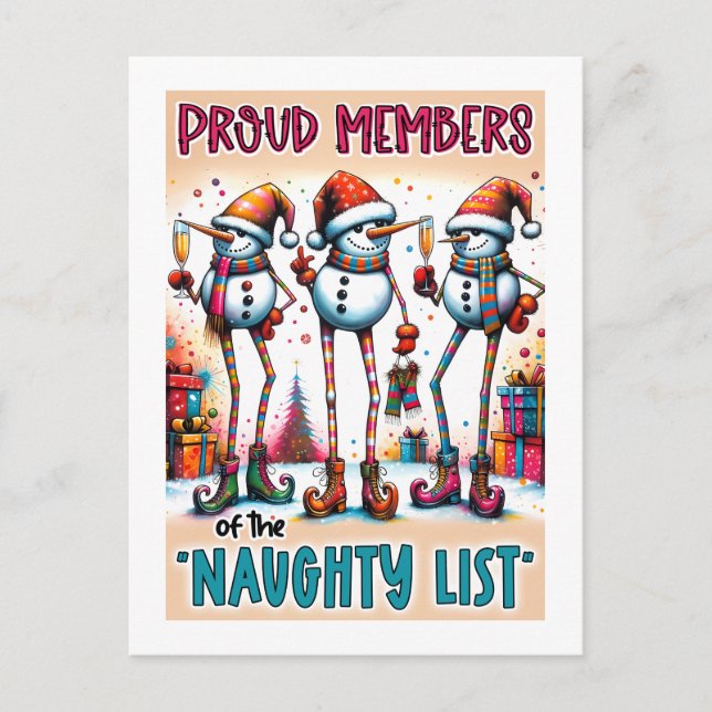 Cartão Postal Naughty List Snowmen Toasting in Holiday Style (Frente)