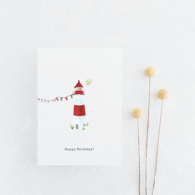 Cartão Postal Nautical Lighthouse Beach Happy Birthday Balloon (Criador carregado)