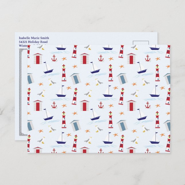 Cartão Postal Nautical Lighthouse Pattern 1st Birthday Party  (Frente/Verso)