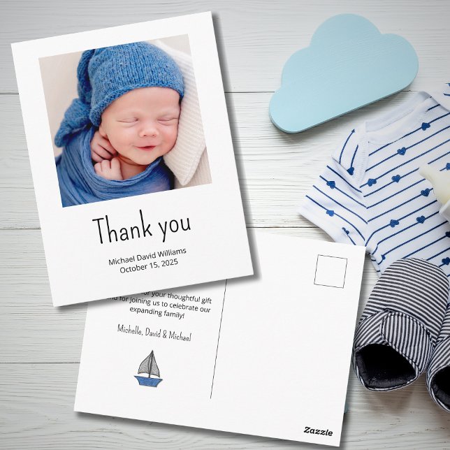 Cartão Postal Nautical Sailboat Baby Boy Photo Shower Thank You  (Criador carregado)