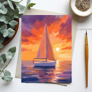 Cartão Postal Navegando ao Pôr do Sol   Pintura do Oceano Costei