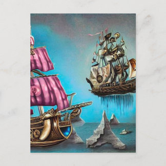 Cartão Postal Navio Flutuante Surreal Steampunk & Velas Rosa