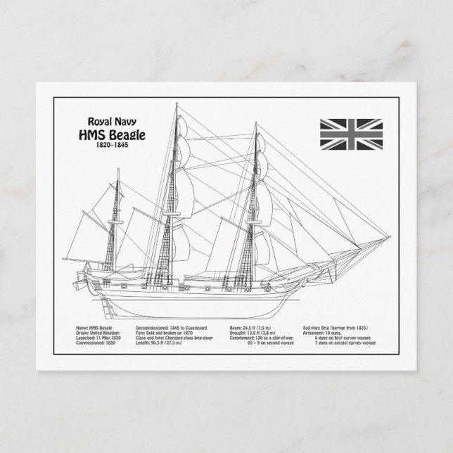 Cartão Postal Navio HMS Beagle - Planta Baixa do Navio BD (Frente)