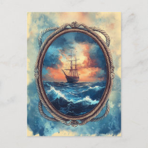Cartão Postal Navio na Arte de Fronteira da Corda do Mar Stormy