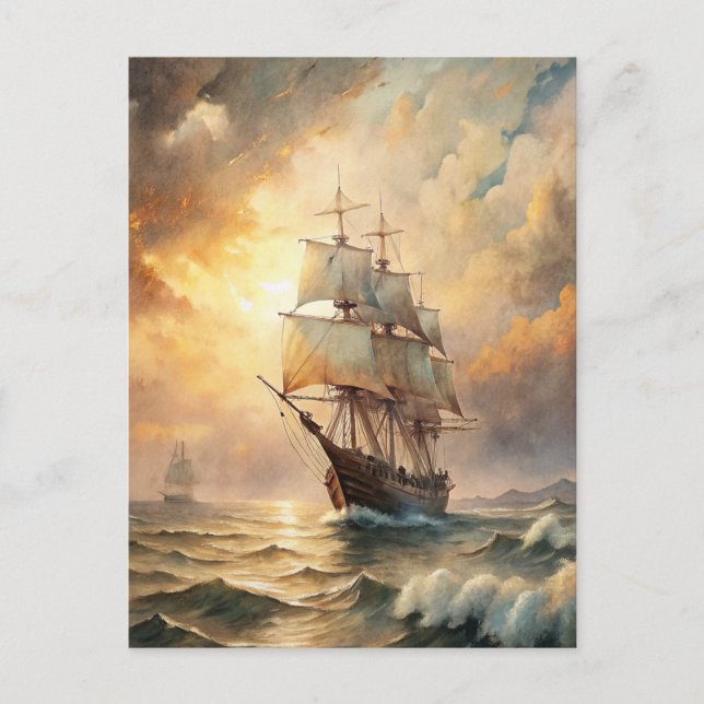 Cartão Postal Navio Navegando Ondas do Oceano Pôr do Sol Náutico (Frente)