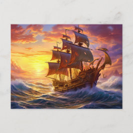 Cartão Postal Navio no pôr do sol dourado Tempestade Fantasia Pi