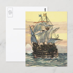 Cartão Postal Navio Pirata Antigo, Galeão Navegando no Oceano