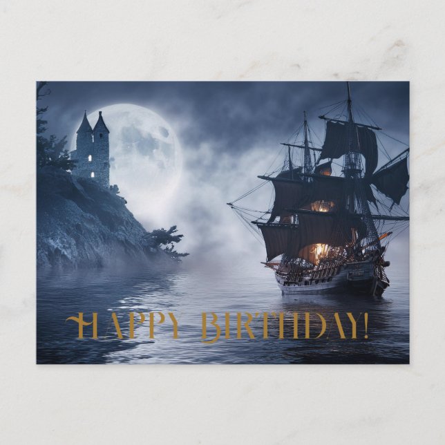 Cartão Postal Navio pirata e castelo Feliz aniversário (Frente)