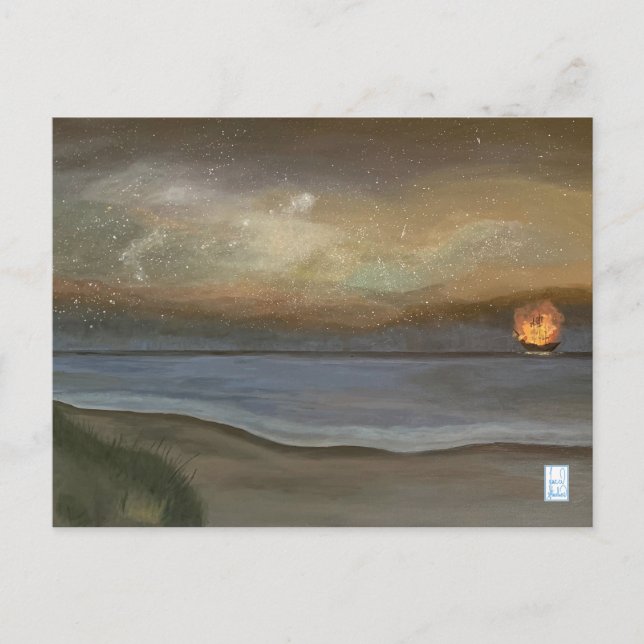 Cartão Postal Navio pirata flamejante de Ocracoke (Frente)