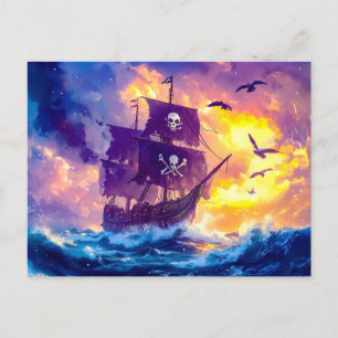 Cartão Postal Navio pirata navegando até o pôr do sol em mar abe