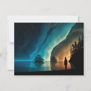Cartão Postal Navios à vela, luzes Nortes, costa rochosa