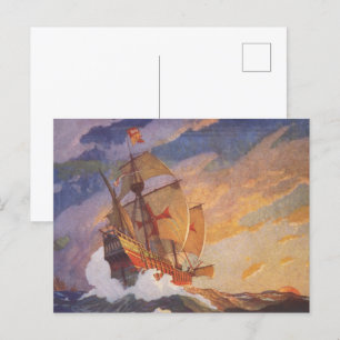 Cartão Postal Navios de Cristóvão Colombo no mar por N.C. Wyeth