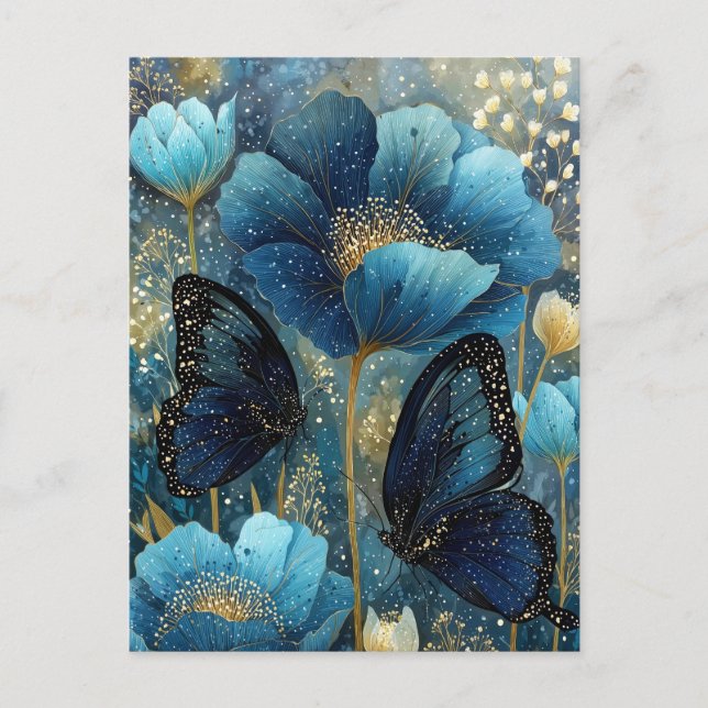 Cartão Postal Navy Blue and Gold Butterfly with Teal Flower (Frente)
